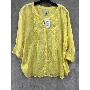 Coldwater Creek Top Women’s 1X Linen Button Up Bright Yellow Colorful 3/4 Sleeve